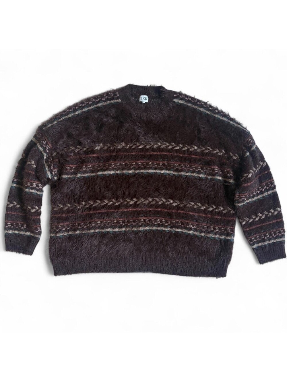 BKE Buckle Sweater Women’s XL Brown Fair Isle Fuzzy Long Sleeve
